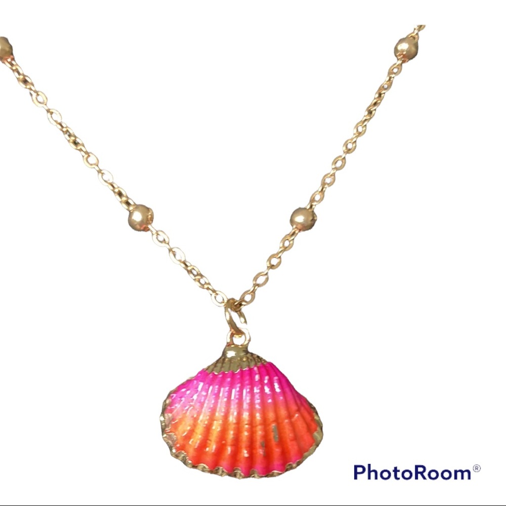 Bohemian Colorful Shell Necklace Gold Link Chain Seashell Charm Pink Orange